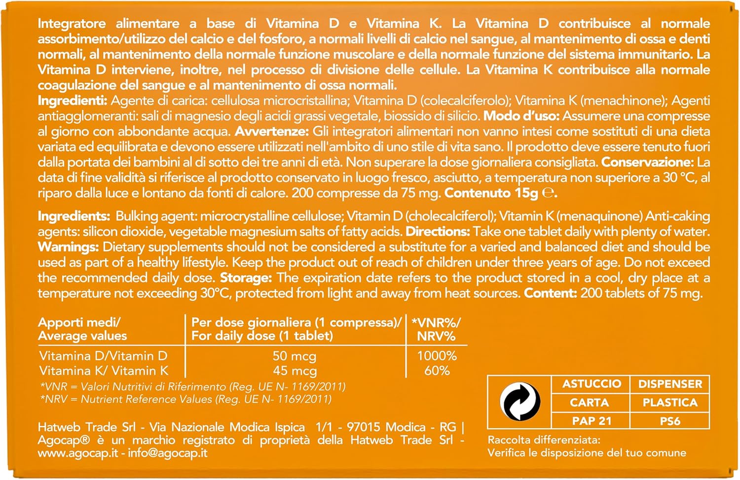 Agocap Ossa e Articolazioni Vitamina D3+K2 complément 200 gélules calcium