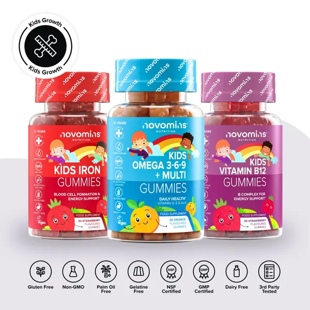 Novomins Packs Croissance Enfants Gummies B Oméga Fer 3-en-1