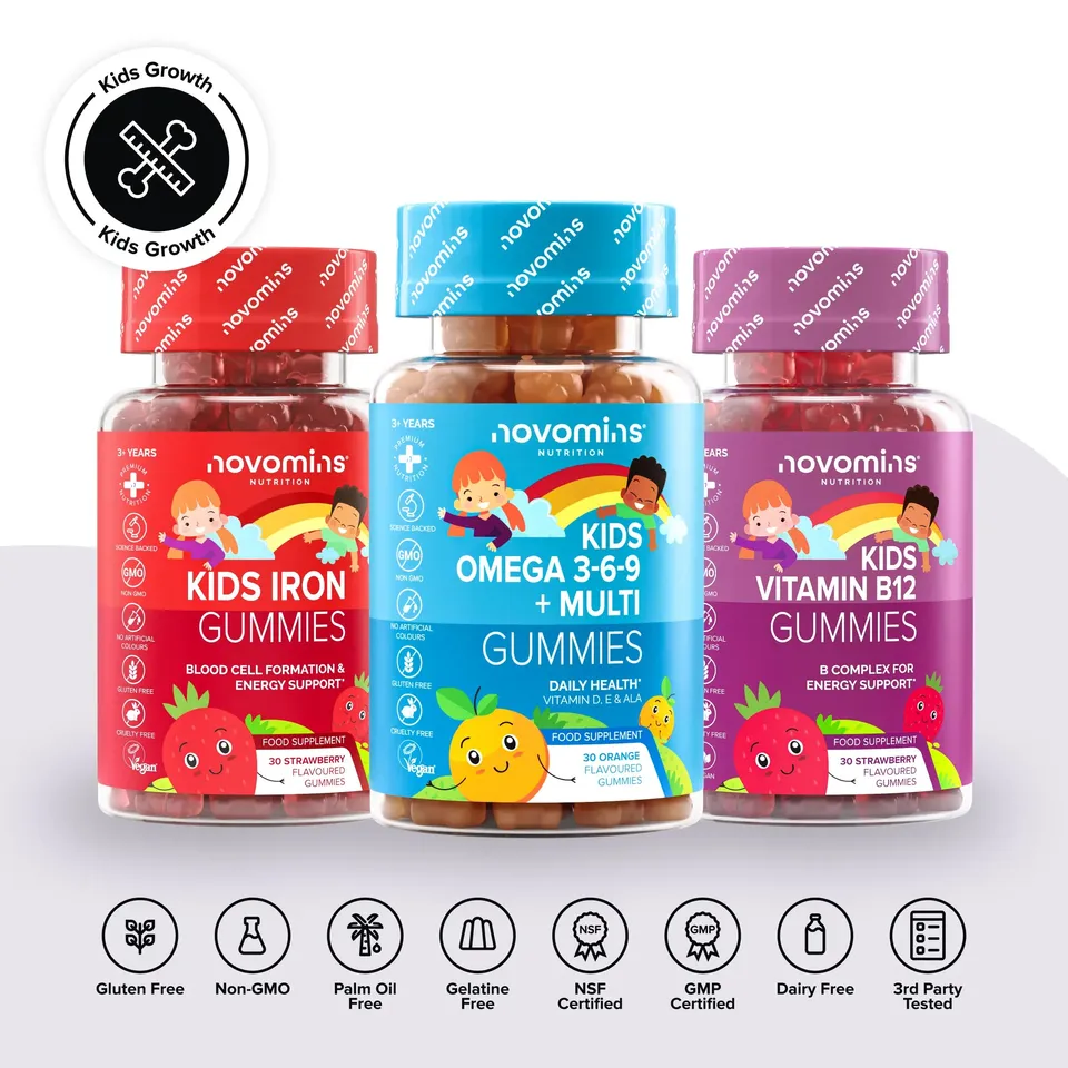 Novomins Packs Croissance Enfants Gummies B Oméga Fer 3-en-1