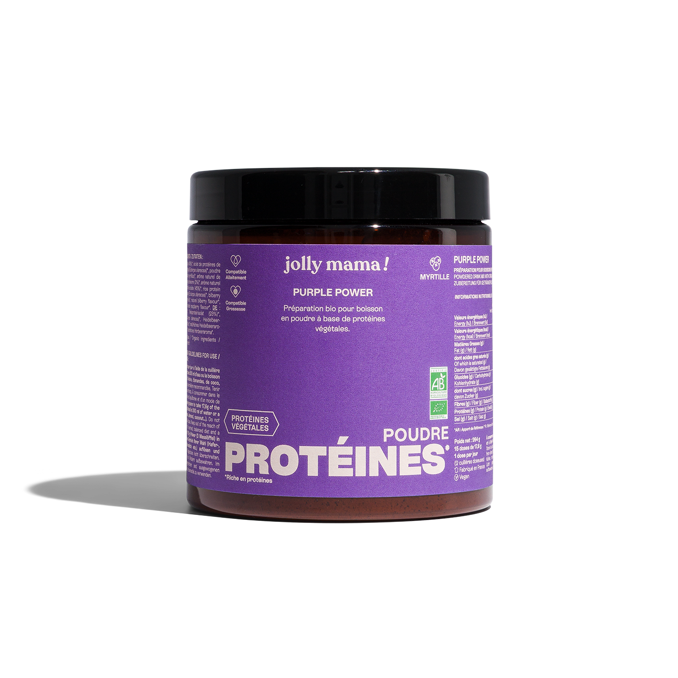 Jolly Mama Purple Power poudre protéines bio myrtille 1 mois