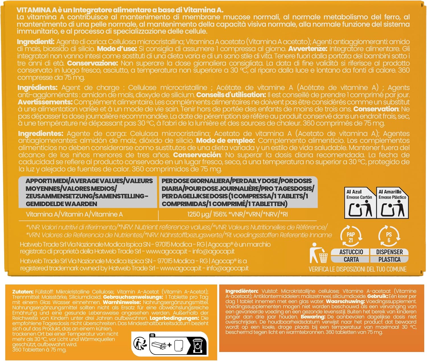 Agocap Vitamine e Minerali Vitamine A 1200 mcg comprimés 360