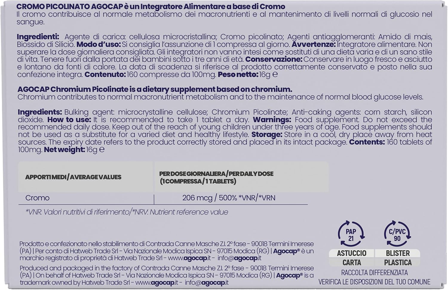 Agocap Vitamine e Minerali Chrome Picolinate gélules glycémie