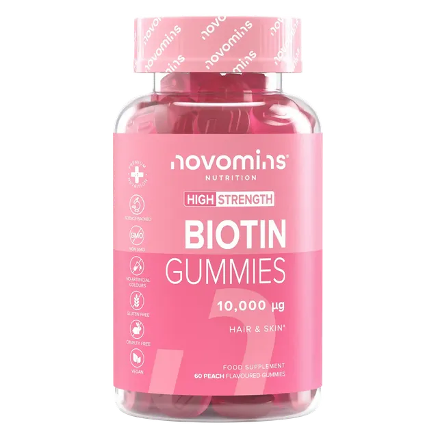 Novomins Cheveux peau ongles Gummies Biotine pêche 10000µg
