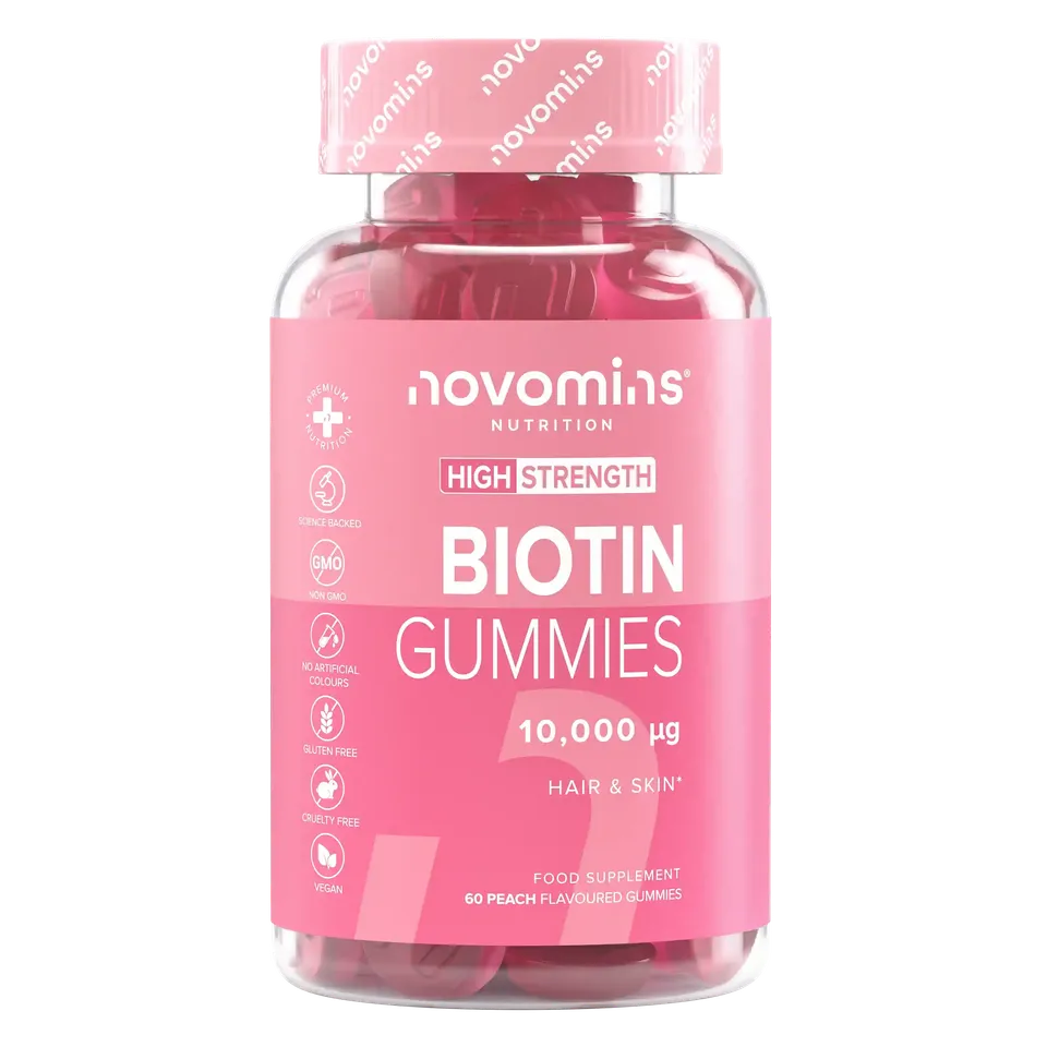 Novomins Cheveux peau ongles Gummies Biotine pêche 10000µg