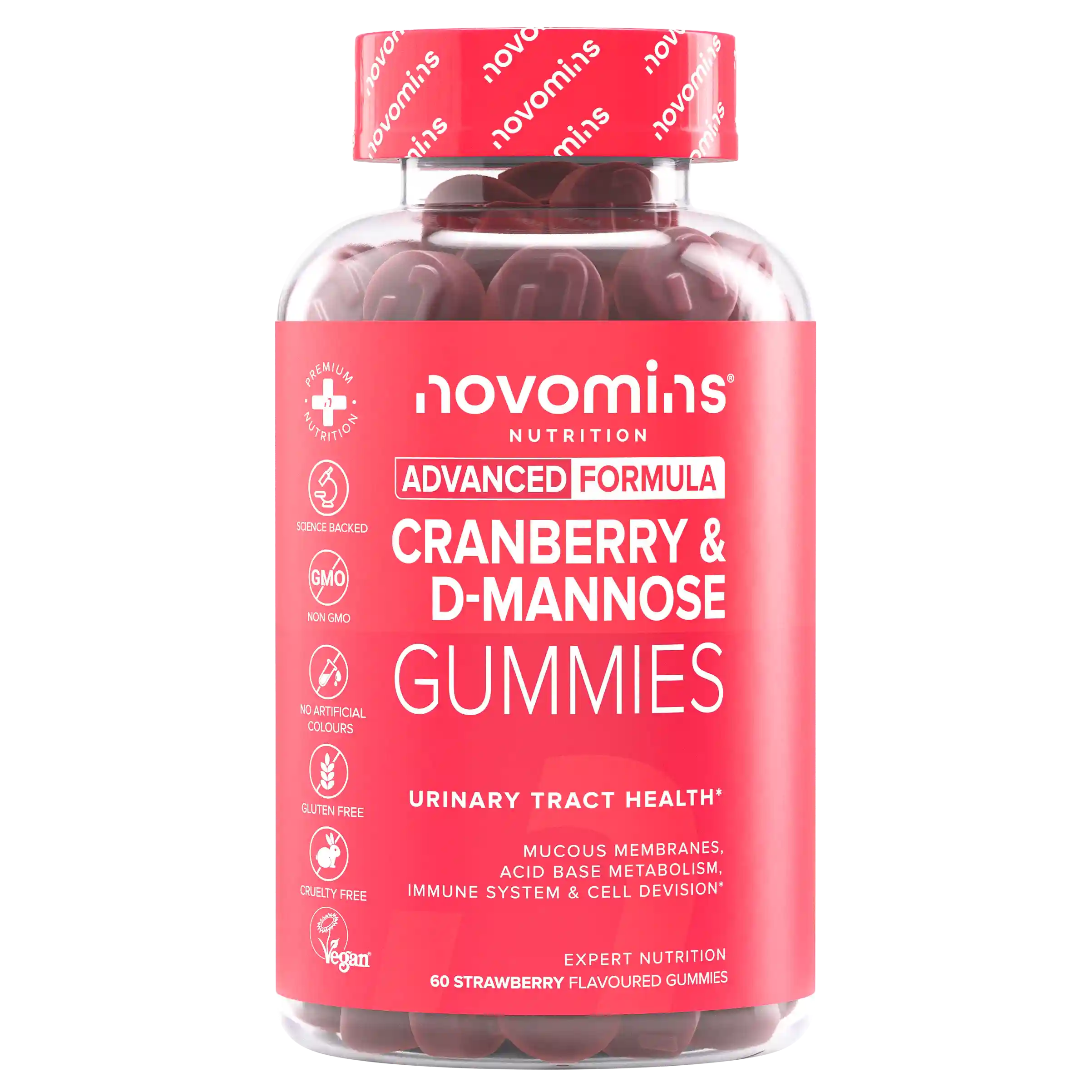 Novomins Santé intestinale Gummies Canneberge & D-Mannose fraise
