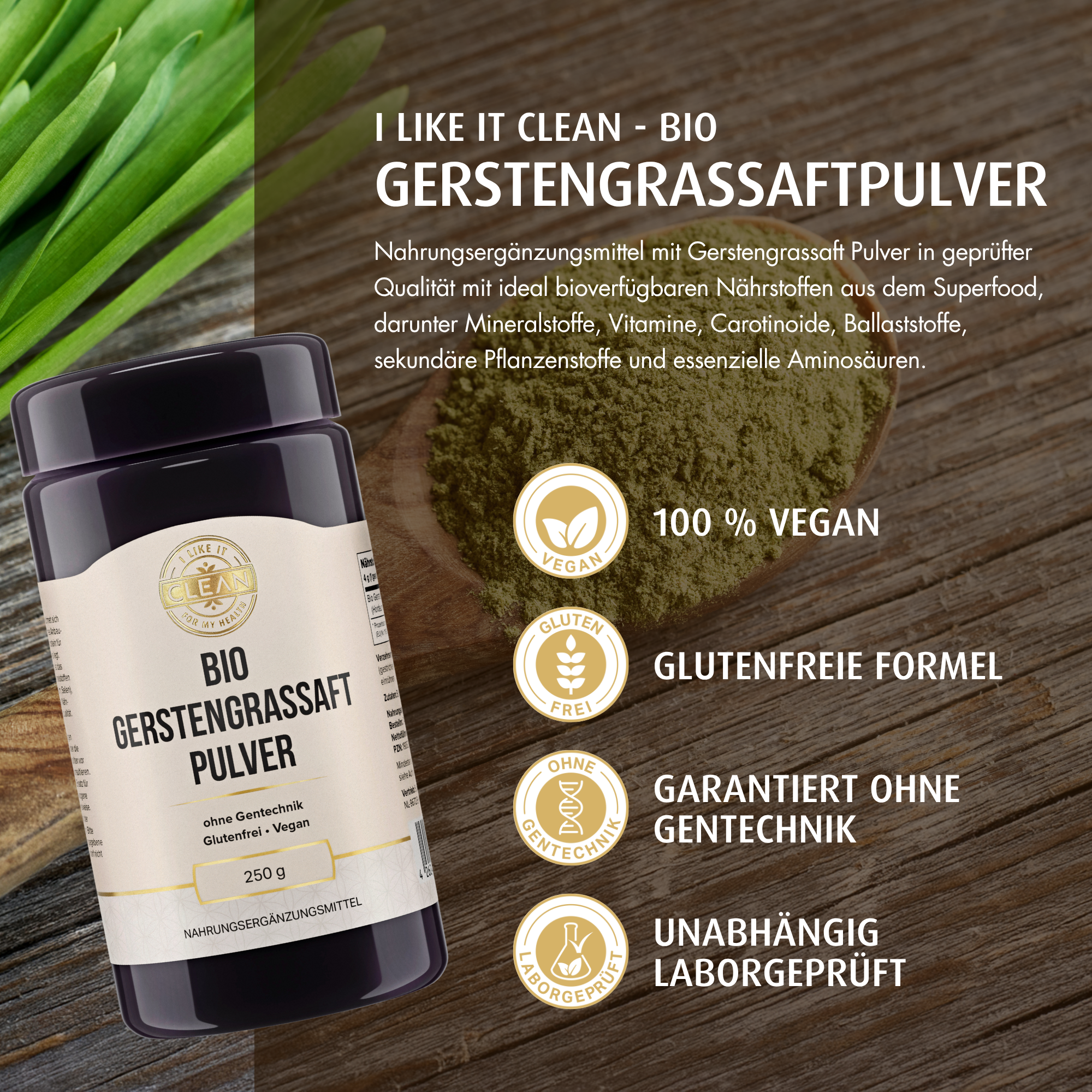 i like it clean Gerstengrassaft poudre jus d'orge bio 250 g
