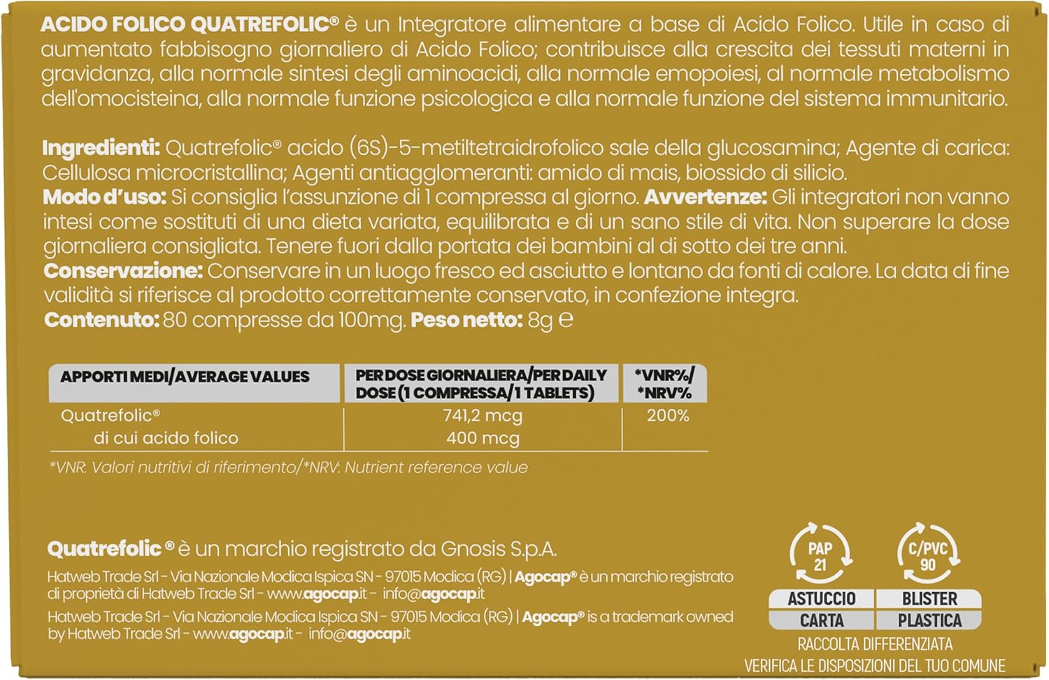 Agocap Quatrefolic acide folique complément 80 gélules B9