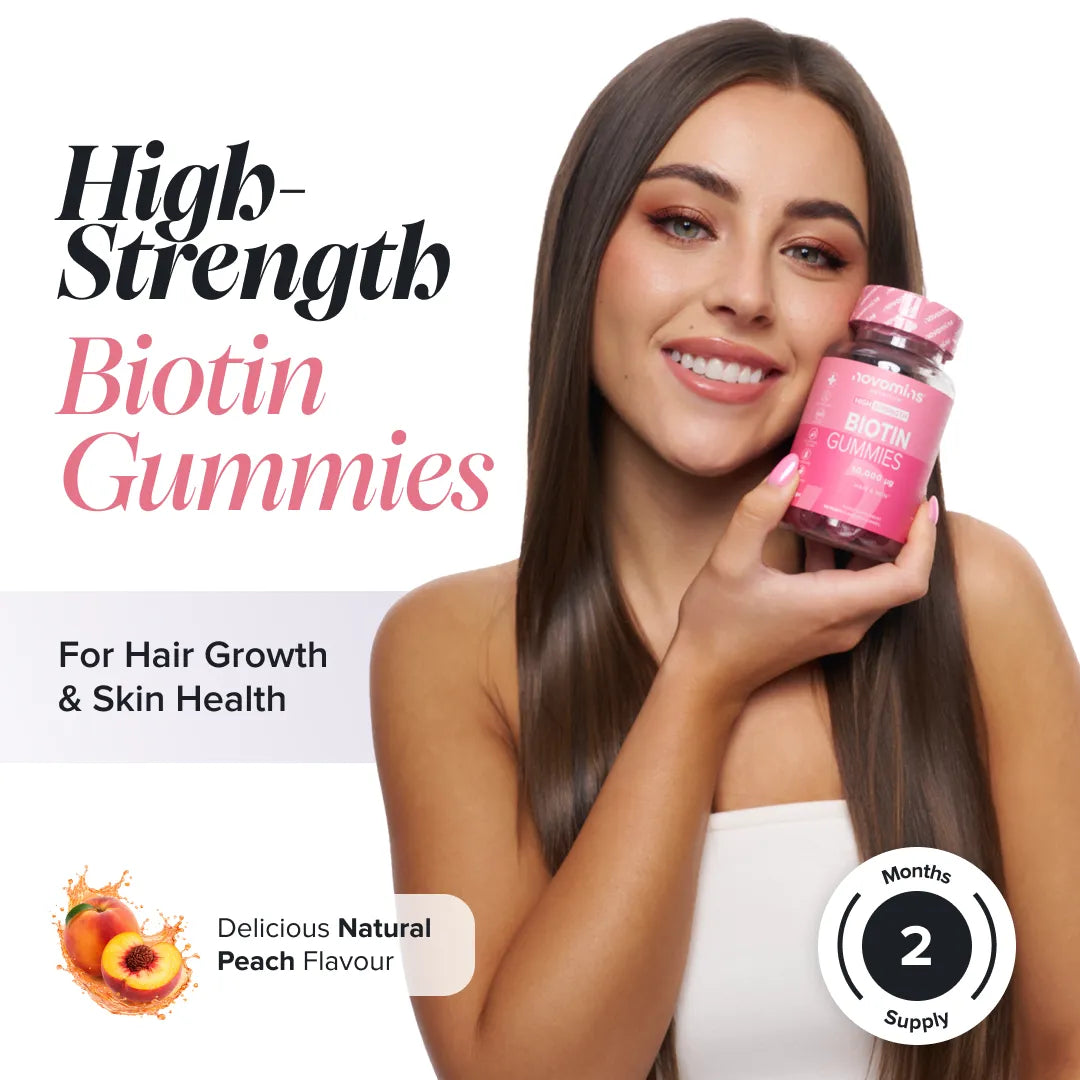 Novomins Cheveux peau ongles Gummies Biotine pêche 10000µg