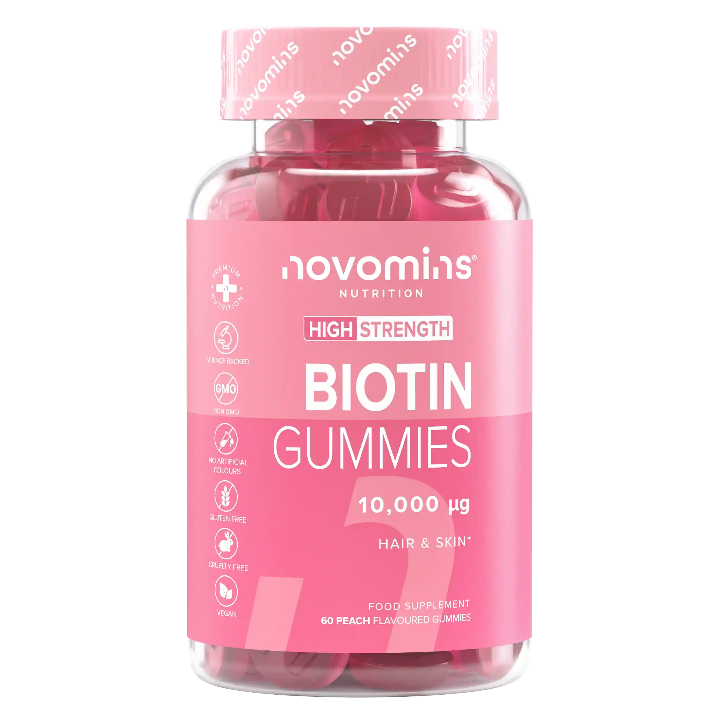 Novomins Cheveux peau ongles Gummies Biotine pêche 10000µg